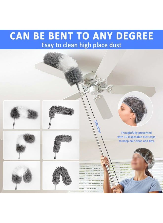 HLWDFLZ Microfiber Duster Kit 23pcs with 30 to 100 Inches Extension Pole and Extendable Window Squeegee, Washable and Bendable Feather Duster for Cleaning Ceiling Fans, High Ceilings, Cobwebs, Blinds - Image 2