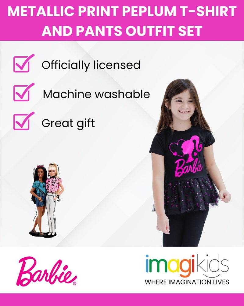 Barbie Toddler Girls Metallic Print Peplum T-Shirt and Pants Black/Pink Foil 5T - Image 2