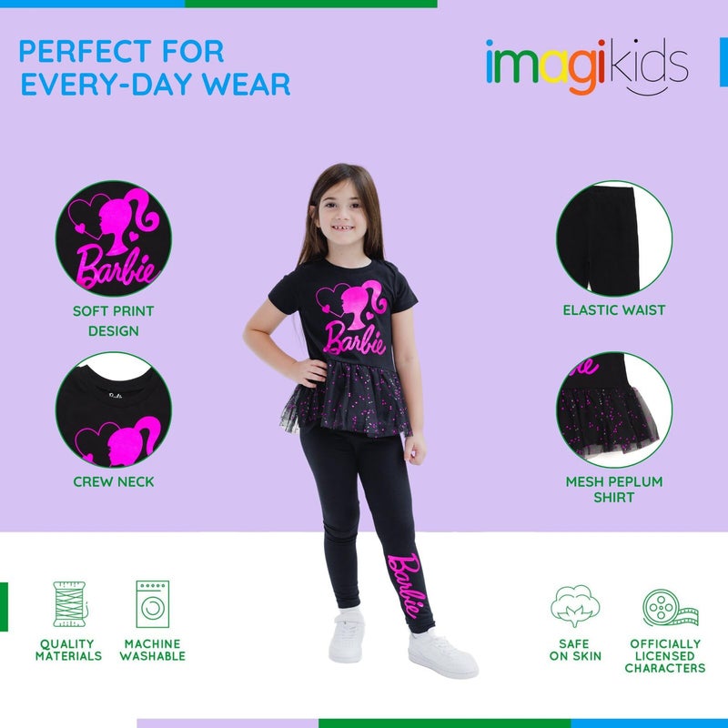 Barbie Toddler Girls Metallic Print Peplum T-Shirt and Pants Black/Pink Foil 5T - Image 3