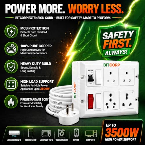 BITCORP 16A Power Extension Board with 4 Socket 2 MCB, 2500W MCB Overload Protector, 5 Meter 1.5mm Electric Cord for Computer, Refrigerator, AC, TV, Home and Office Appliances - Image 5