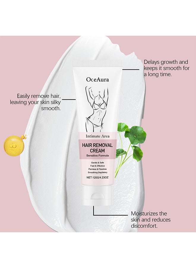 OceAura Hair Removal Cream，for Women:Intimate Area Bikini Line Depilatory for Face Legs Underarms - Gentle Formula for Home Travel Use with An Scraper 120G - Image 2