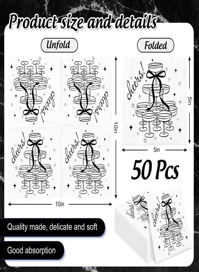 FYSUIMU 50Pcs Black Cheers Cocktail Napkins Champagne Tower Bow Disposable Paper Napkins Bachelorette Party Dinner Bar Beverage Napkin for Halloween Wedding Bridal Shower Birthday Supplies - Image 2