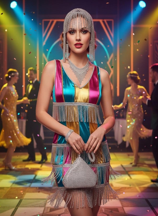 تونديامو مجموعة مجوهرات مرصعة بأحجار الراين، 5 قطع، مستوحاة من عشرينيات القرن الماضي، تتضمن حقيبة يد، وقبعة رأس مزينة بشرابة مرصعة بأحجار الراين، وأقراط، وقلادة، وسوار. هدية مثالية لحفلات الزفاف، وأزياء الهالوين، وأعياد الميلاد. - Image 5