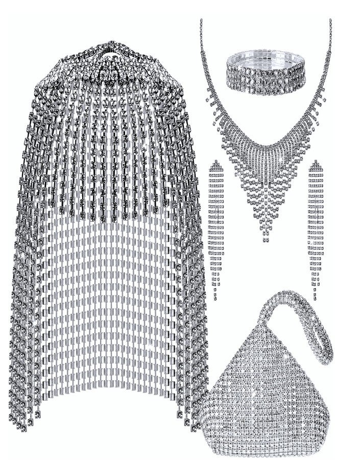 تونديامو مجموعة مجوهرات مرصعة بأحجار الراين، 5 قطع، مستوحاة من عشرينيات القرن الماضي، تتضمن حقيبة يد، وقبعة رأس مزينة بشرابة مرصعة بأحجار الراين، وأقراط، وقلادة، وسوار. هدية مثالية لحفلات الزفاف، وأزياء الهالوين، وأعياد الميلاد. - Image 1
