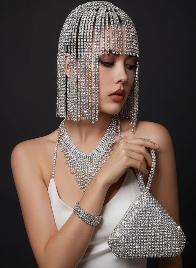 تونديامو مجموعة مجوهرات مرصعة بأحجار الراين، 5 قطع، مستوحاة من عشرينيات القرن الماضي، تتضمن حقيبة يد، وقبعة رأس مزينة بشرابة مرصعة بأحجار الراين، وأقراط، وقلادة، وسوار. هدية مثالية لحفلات الزفاف، وأزياء الهالوين، وأعياد الميلاد. - Image 4