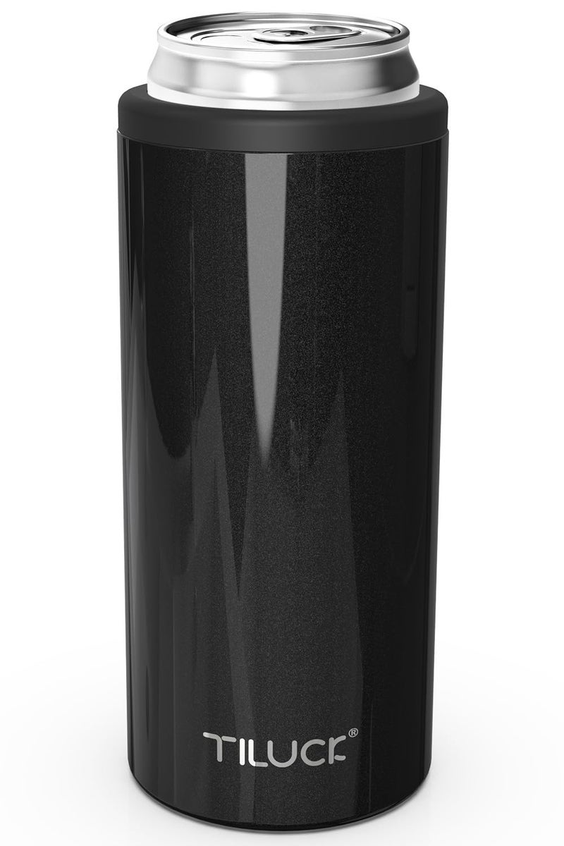 TILUCK Skinny Can Cooler for Slim Beer & Hard Seltzer, Stainless Steel, Doucle-Walled Stainless Steel Insulated Slim Cans, Standard 12 oz (Glitter Black) - Image 1