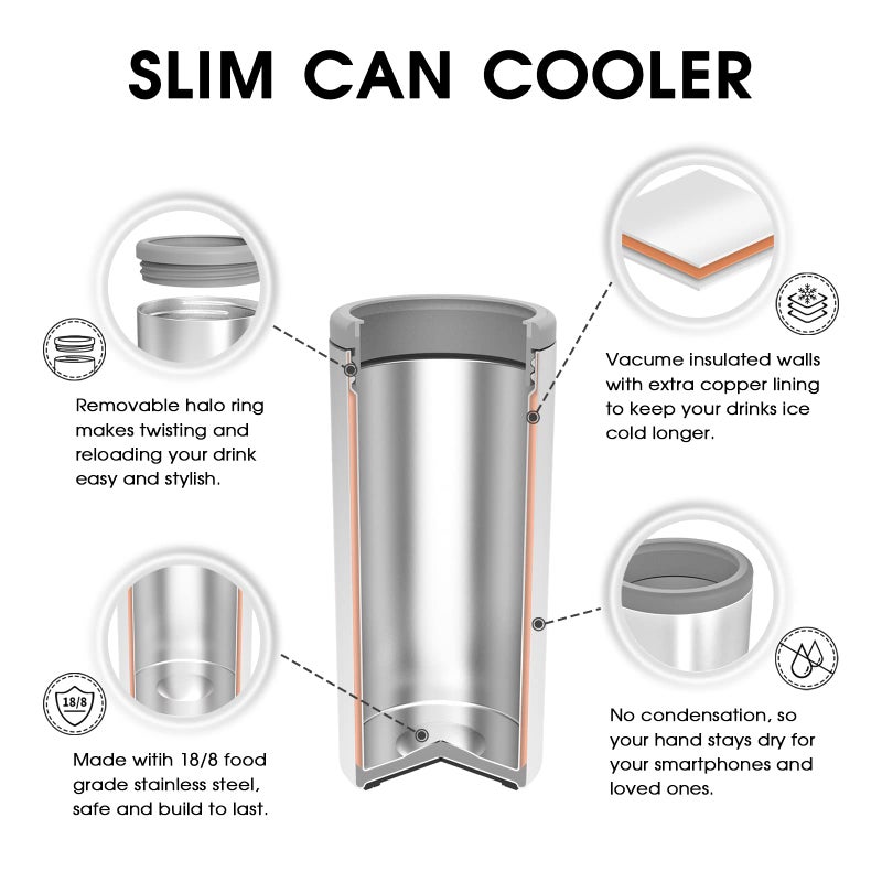 TILUCK Skinny Can Cooler for Slim Beer & Hard Seltzer, Stainless Steel, Doucle-Walled Stainless Steel Insulated Slim Cans, Standard 12 oz (Glitter Black) - Image 2