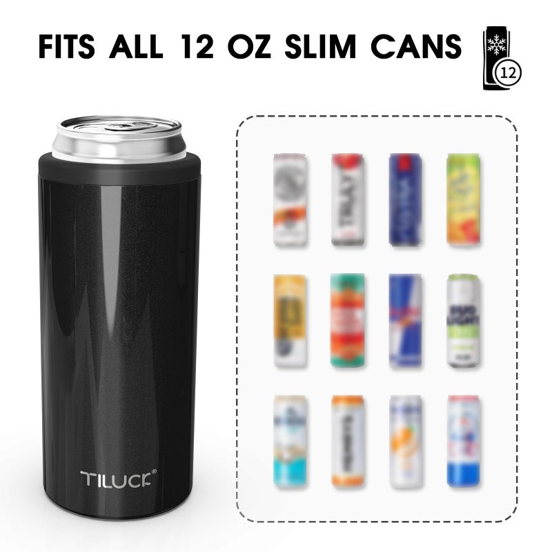 TILUCK Skinny Can Cooler for Slim Beer & Hard Seltzer, Stainless Steel, Doucle-Walled Stainless Steel Insulated Slim Cans, Standard 12 oz (Glitter Black) - Image 3