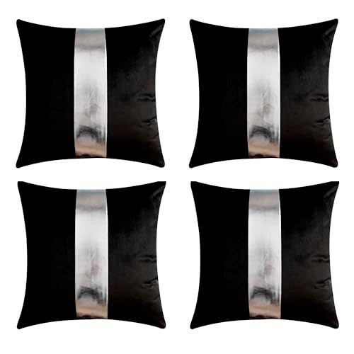 Gyulin Pack of 4,18x18 Inch Velvet Throw Pillow Covers with Silver Leather Striped Patchwork Stitching Modern Minimalist Square Pillowcase Cushion Covers for Bedroom Sofa Couch Living Room,Black - Image 4