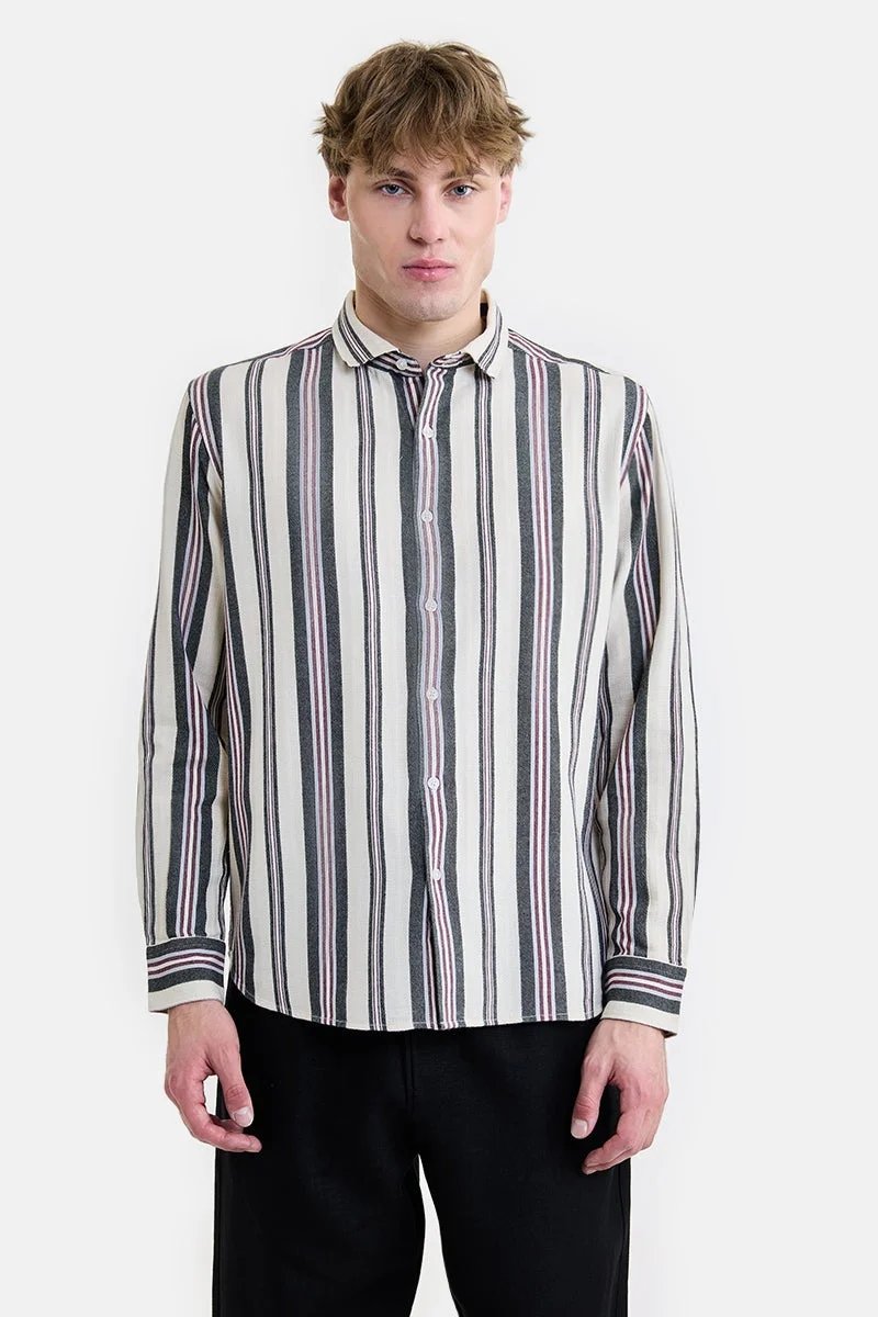 سنيتش Cream Striped Long Sleeve Regular Fit Shirt