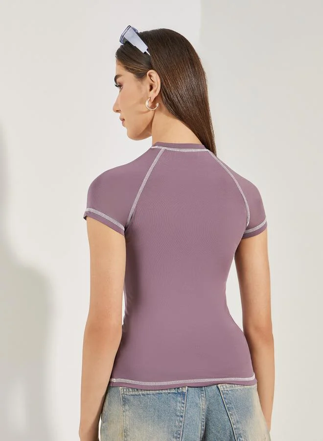 Styli Fitted High Neck Contrast Stitch T-Shirt