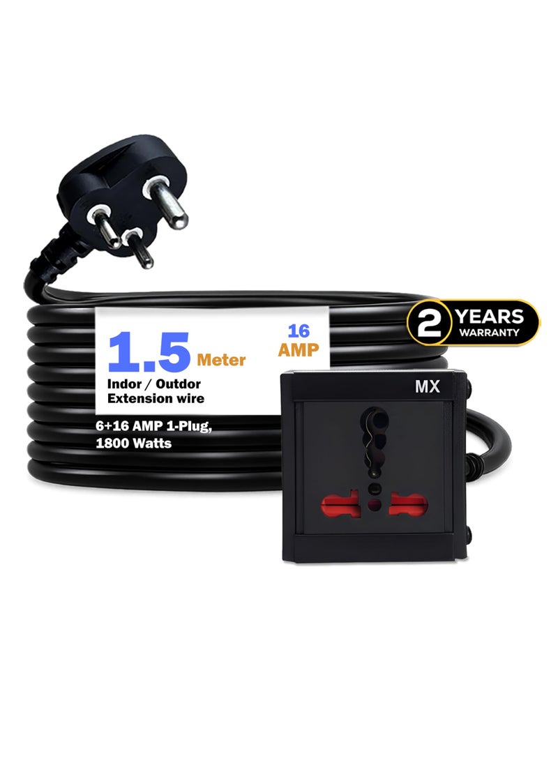 MX 3 pin Extension Cord Single Socket Heavy Duty Long Extension Power Cord 1.5 Meter 1800W 6a to 16a Converter Plug (0.75 Sq.mm ISI Marked) Safety Shutter 6 amp to 16 amp Extension Board - Image 1