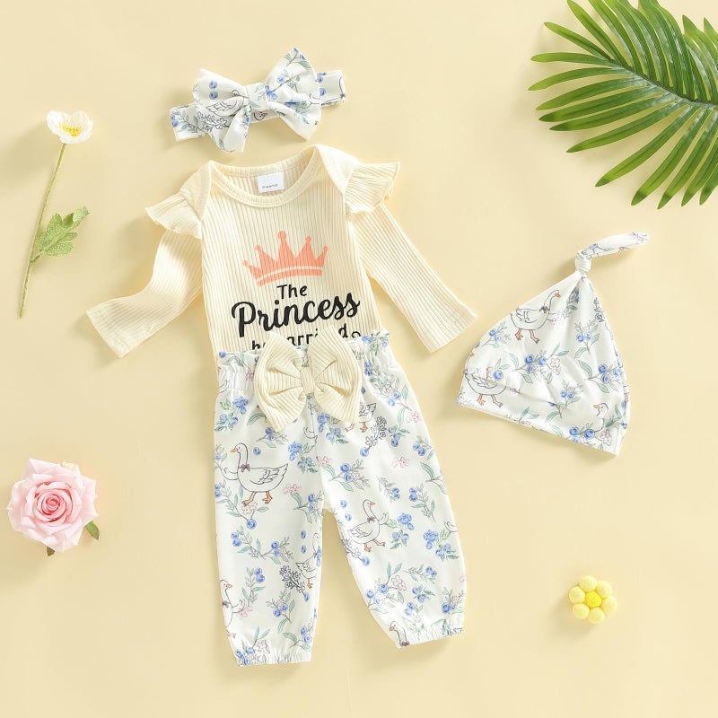 wybzd The Princess Has Arrived Newborn Outfit Preemie Baby Girl Going Home Clothes Ruffle Ribbed Romper Top Duck Pants Set Princess has Arrived Beige Preemie - Image 4