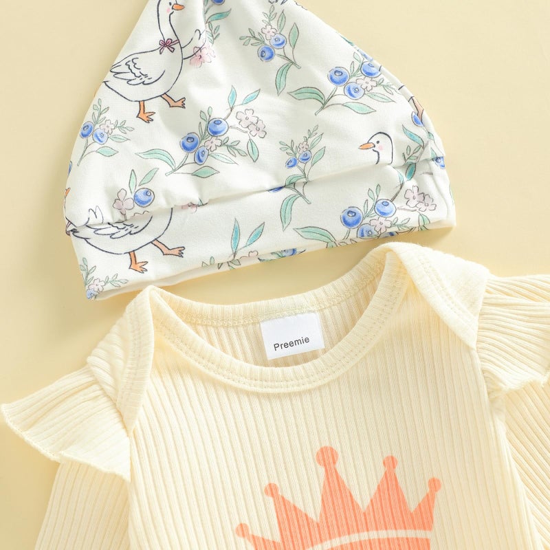 wybzd The Princess Has Arrived Newborn Outfit Preemie Baby Girl Going Home Clothes Ruffle Ribbed Romper Top Duck Pants Set Princess has Arrived Beige Preemie - Image 5