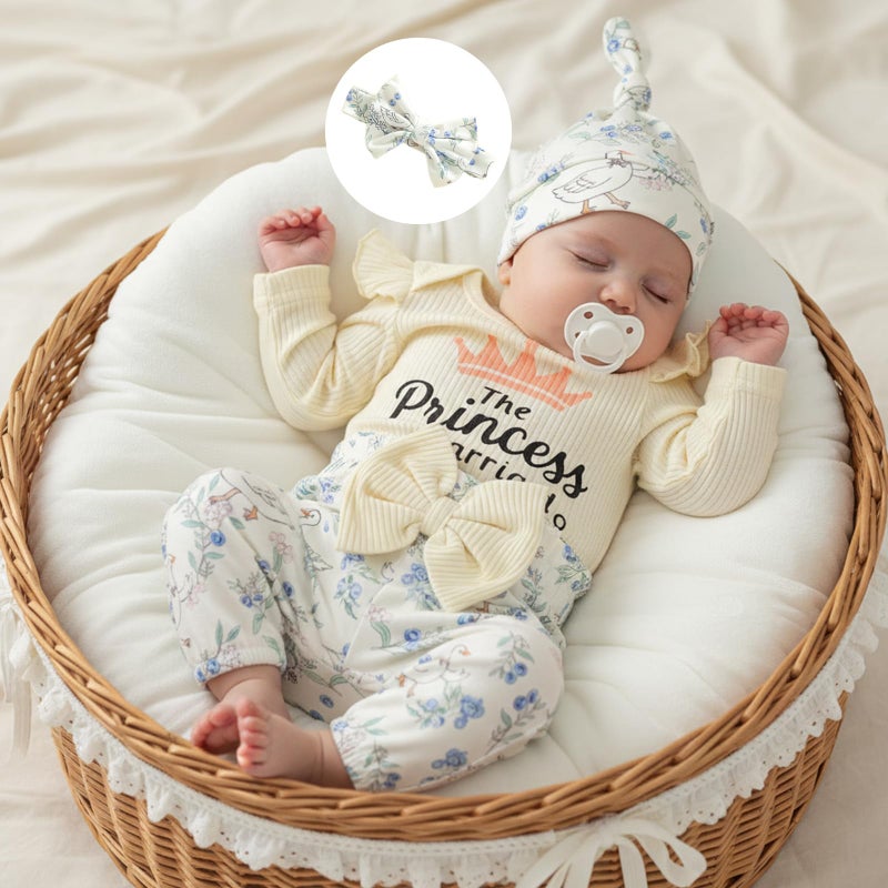 wybzd The Princess Has Arrived Newborn Outfit Preemie Baby Girl Going Home Clothes Ruffle Ribbed Romper Top Duck Pants Set Princess has Arrived Beige Preemie - Image 2