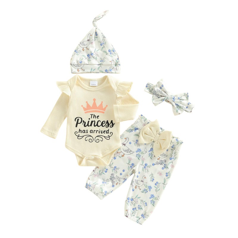 wybzd The Princess Has Arrived Newborn Outfit Preemie Baby Girl Going Home Clothes Ruffle Ribbed Romper Top Duck Pants Set Princess has Arrived Beige Preemie - Image 1