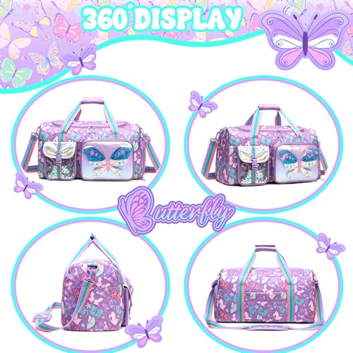 Oruiji Butterfly Kids Duffle Bag Girls Dance Bag Travel Overnight Sleepover Bags for Girls Gymnastics Sports Bags for Kids with Shoes Compartment - Image 3