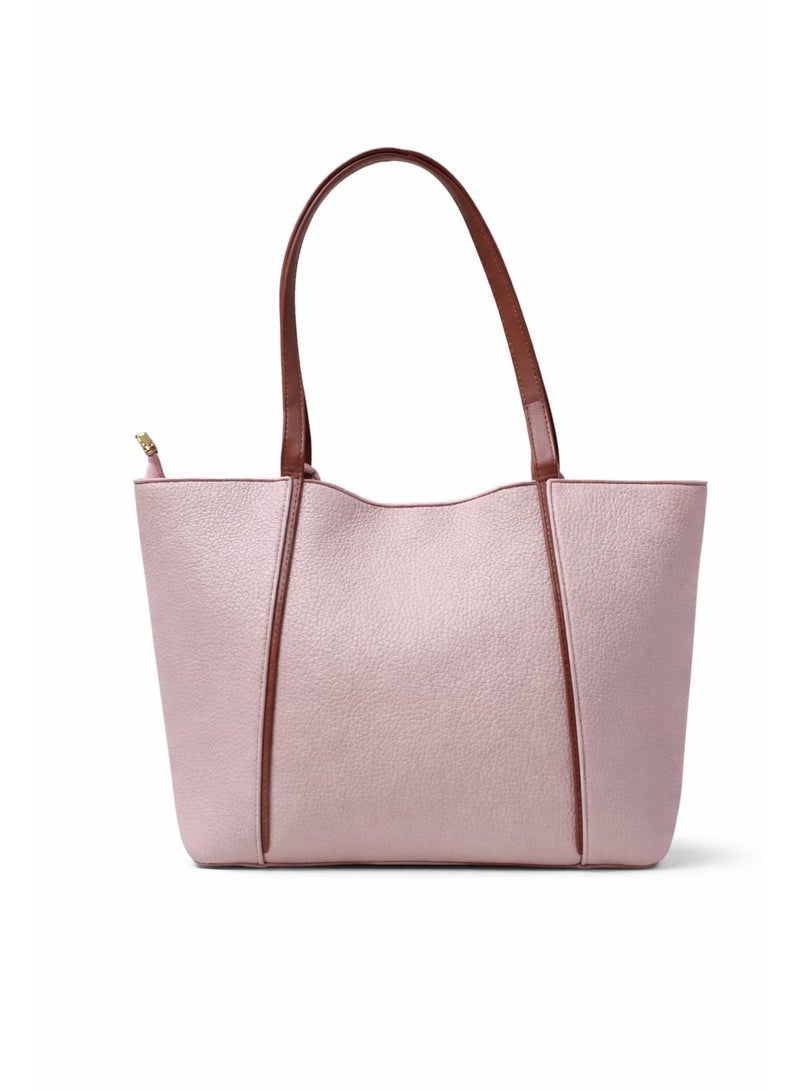 BAGCO Women’s Faux Leather Textured Tote Handbag with Shoulder Straps – Pink/Brown - Image 2