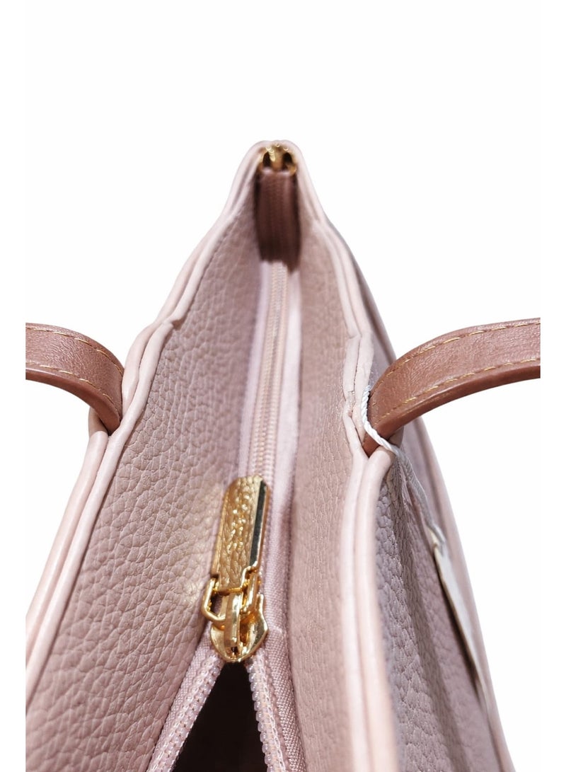 BAGCO Women’s Faux Leather Textured Tote Handbag with Shoulder Straps – Pink/Brown - Image 4