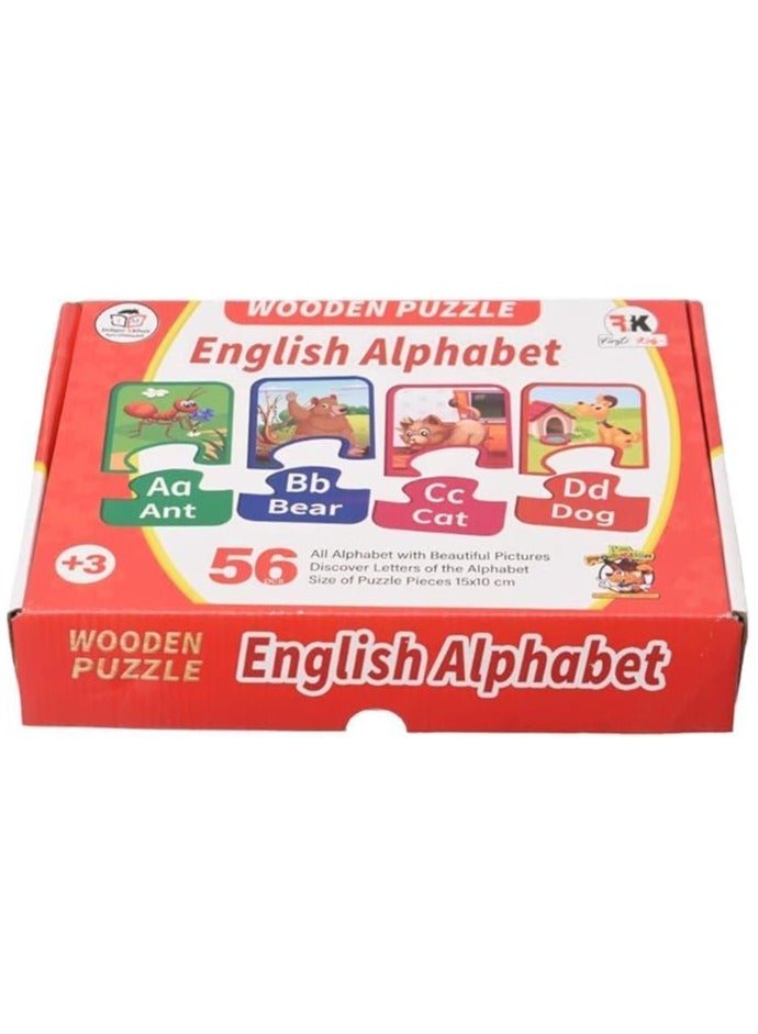 Wooden Puzzle English Alphabet With Beautiful Pictures And Letters To Improve Skills For Kids Set Of 56 Pieces 15x10CM - Multi Color - Image 1