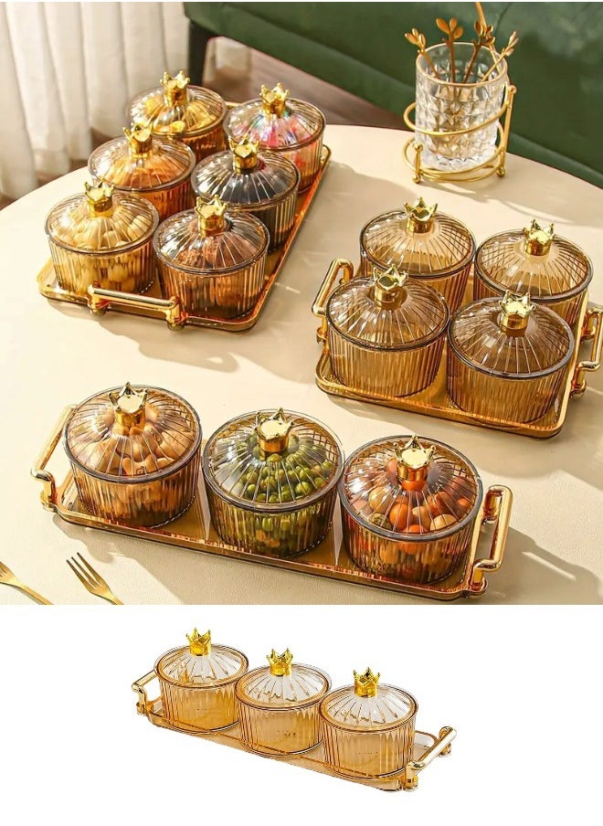 ShebSheb Clear Nut Storage Platter with Lid Gold Crown Shape, 3 Removable Small Bowls Candy Serving Plate for Snacks, Fruits, Candy 31x9.5 x9.5 cm  - Image 1
