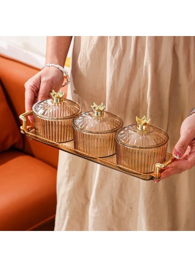 ShebSheb Clear Nut Storage Platter with Lid Gold Crown Shape, 3 Removable Small Bowls Candy Serving Plate for Snacks, Fruits, Candy 31x9.5 x9.5 cm  - Image 3