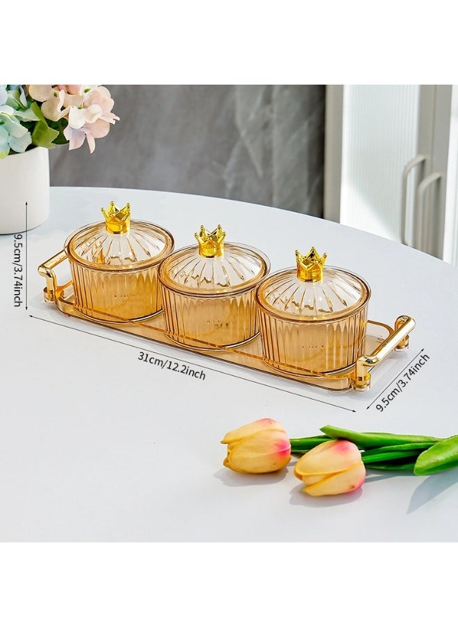 ShebSheb Clear Nut Storage Platter with Lid Gold Crown Shape, 3 Removable Small Bowls Candy Serving Plate for Snacks, Fruits, Candy 31x9.5 x9.5 cm  - Image 2