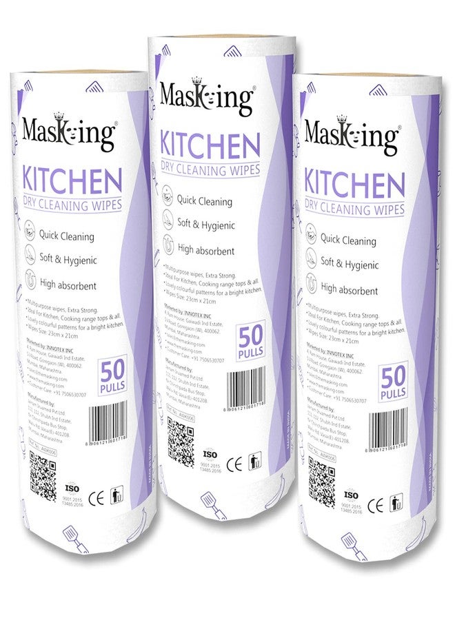 MasKing Nonwoven Kitchen Wipes Towel Tissue Paper Roll Reusable washable Multi-Purpose Dry Cleaning roll 150 Wipe in Purple 50 Wipe Each (Combo Pack of 03) - Image 1