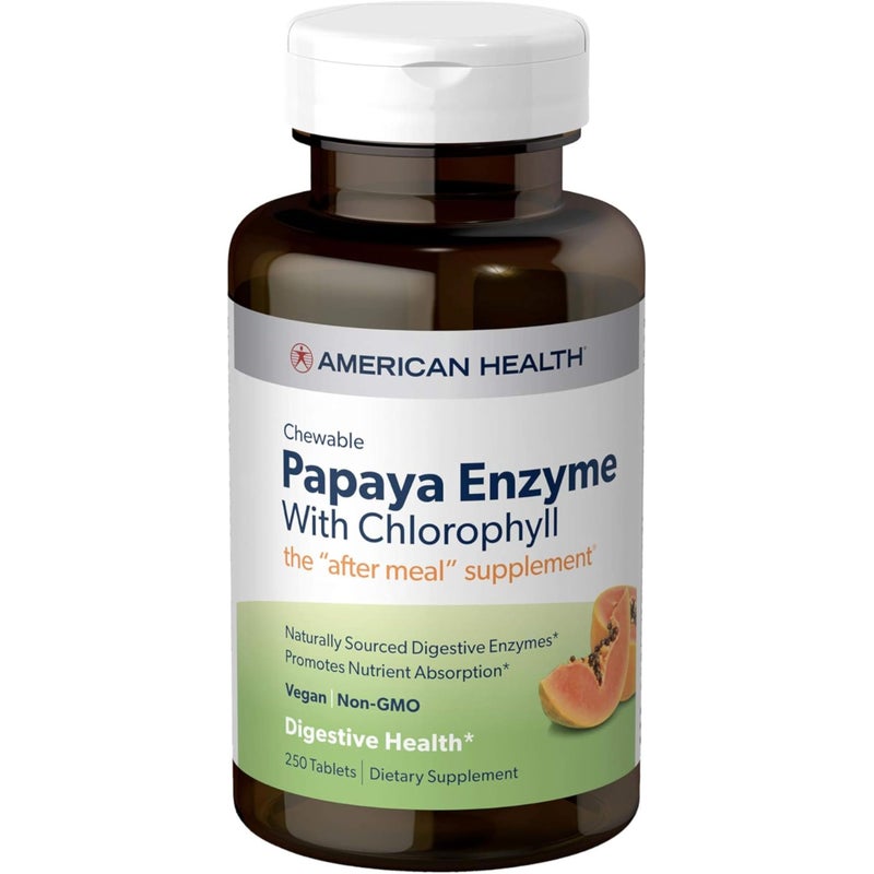 American Health Papaya Enzyme with Chlorophyll Chewable Tablets Promotes Nutrient Absorption Helps Digestion and Freshens Breath GlutenFree Vegetarian 250 Count 83 Total Servings