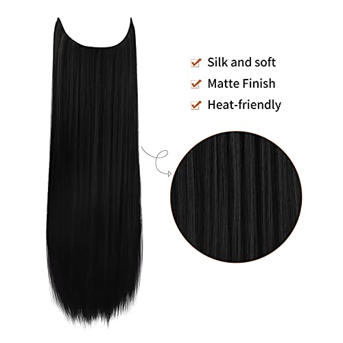 REECHO Invisible Wire Hair Extensions with Transparent Headband Adjustable Size Removable Secure Clips in Straight Secret Hairpiece for Women 16 Inch Pack of 1 Natural Black - Image 3
