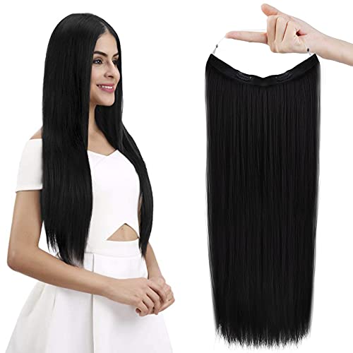 REECHO Invisible Wire Hair Extensions with Transparent Headband Adjustable Size Removable Secure Clips in Straight Secret Hairpiece for Women 16 Inch Pack of 1 Natural Black - Image 1