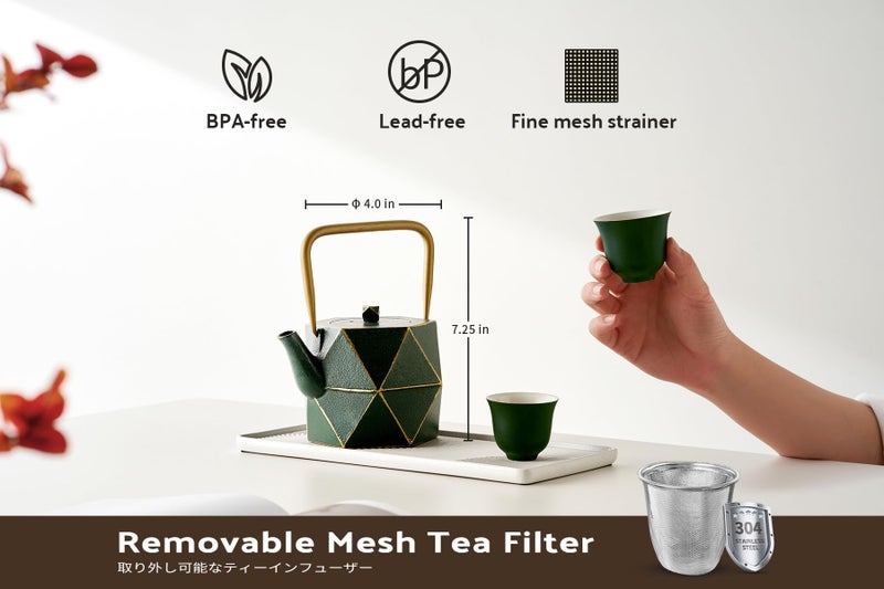 Toptier Cast Iron Teapot, Stovetop Safe Japanese Cast Iron Tea Kettle, Diamond Design Tea Pot with Removable Infuser for Loose Tea, 30 Ounce (900 ml), Dark Green - Image 4