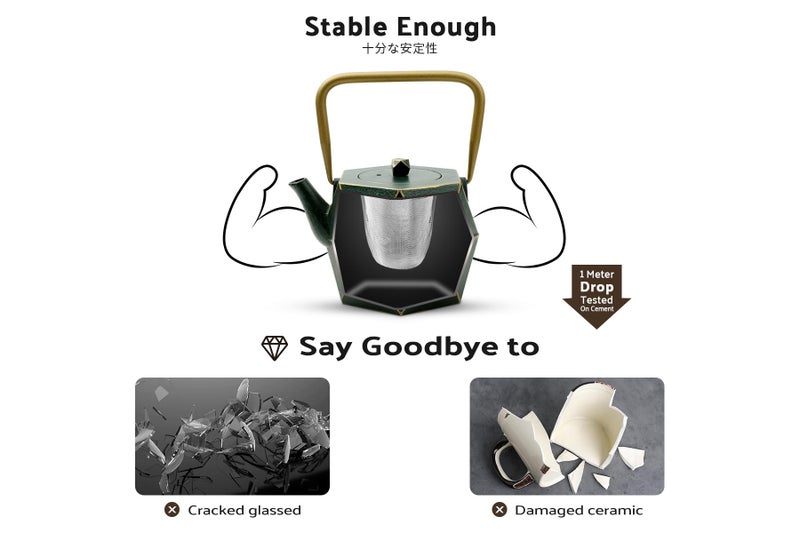 Toptier Cast Iron Teapot, Stovetop Safe Japanese Cast Iron Tea Kettle, Diamond Design Tea Pot with Removable Infuser for Loose Tea, 30 Ounce (900 ml), Dark Green - Image 3