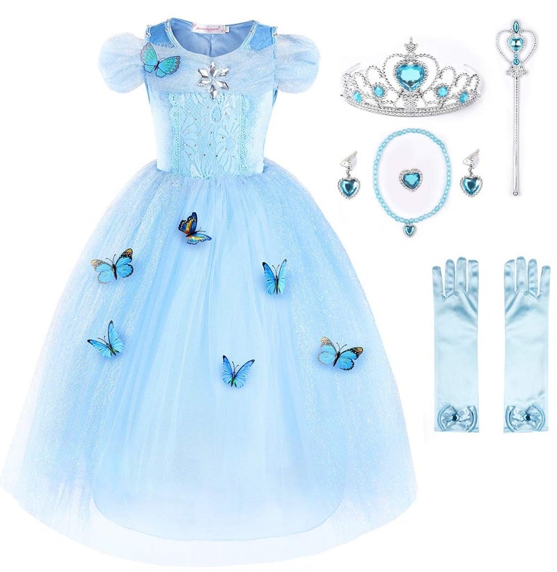 JerrisApparel Flower Girls Dress Princess Costume Butterfly Girl (6 Years, Sky Blue with Accessories) - Image 1