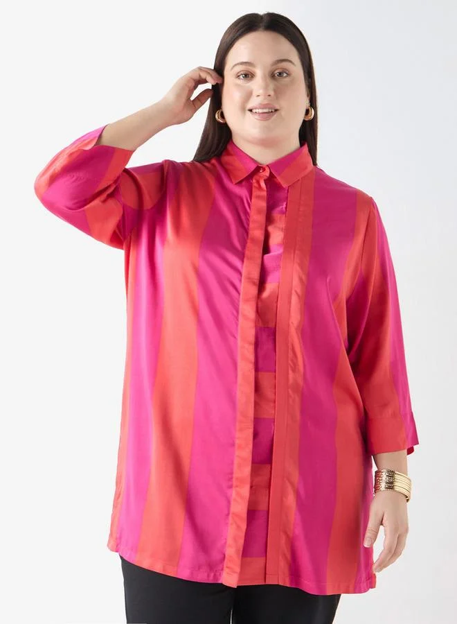 Ulla Popken Plus Size Ulla Popken Striped Shirt with 3/4 Sleeves