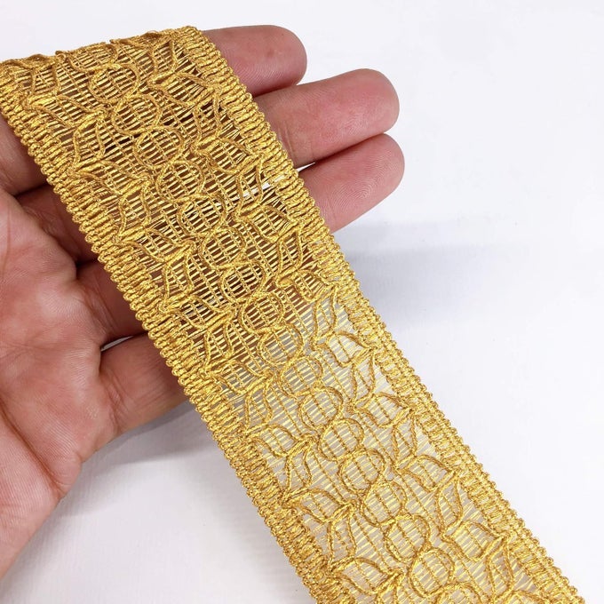 9 METER GOLDEN CROCHET CROTIA SUMMER LACE WITH GOLDEN ZARI/JARI, FLORAL HOME FURNISHINGS, INDIAN TRIMMINGS, DECORATIVE FESTIVAL PACKAGING RIBBONS FOR DECORATION, RIBBONS FOR ART AND CRAFT