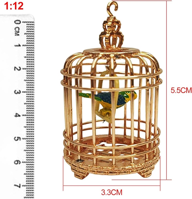 klarako Vintage Style Miniature Alloy Bird Cage with Bird Hanging Hook Model for 1/12 Dolls House Living Room Decor Toy Life Scene , Gold - Image 2