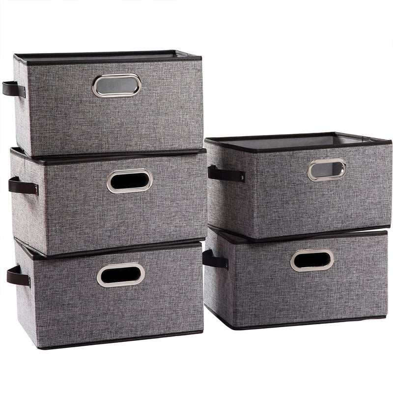 PRANDOM Fodable Storage Baskets for Closet 5Pack Decorative Fabric Storage Bins Cubes with LeatherMetal Handles for Shelves Bedroom Living Room Grey 115x85x67 Inch