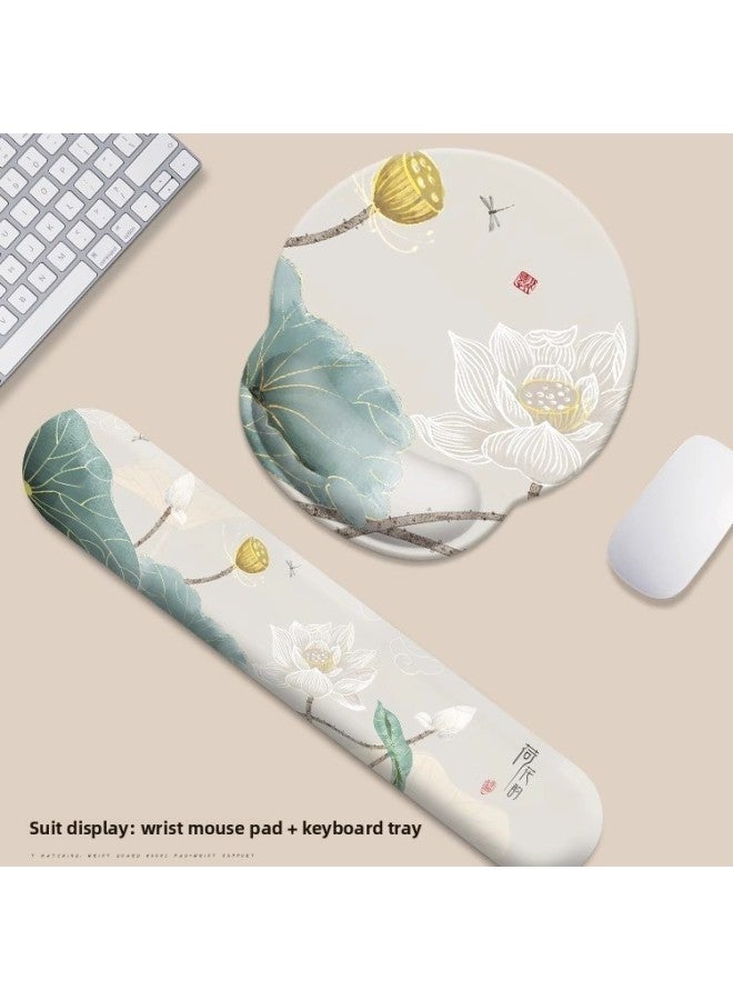 Artistic Lotus Lotus Wrist Mouse Pad National Style Artistic Elegant Simple Notebook Keyboard Holster Office Wrist Holster-Color:Milk Silk + Memory Foam + Rubber Bottom-Pattern:Dark Green Water Lily [keyboard Tray]  - Image 2