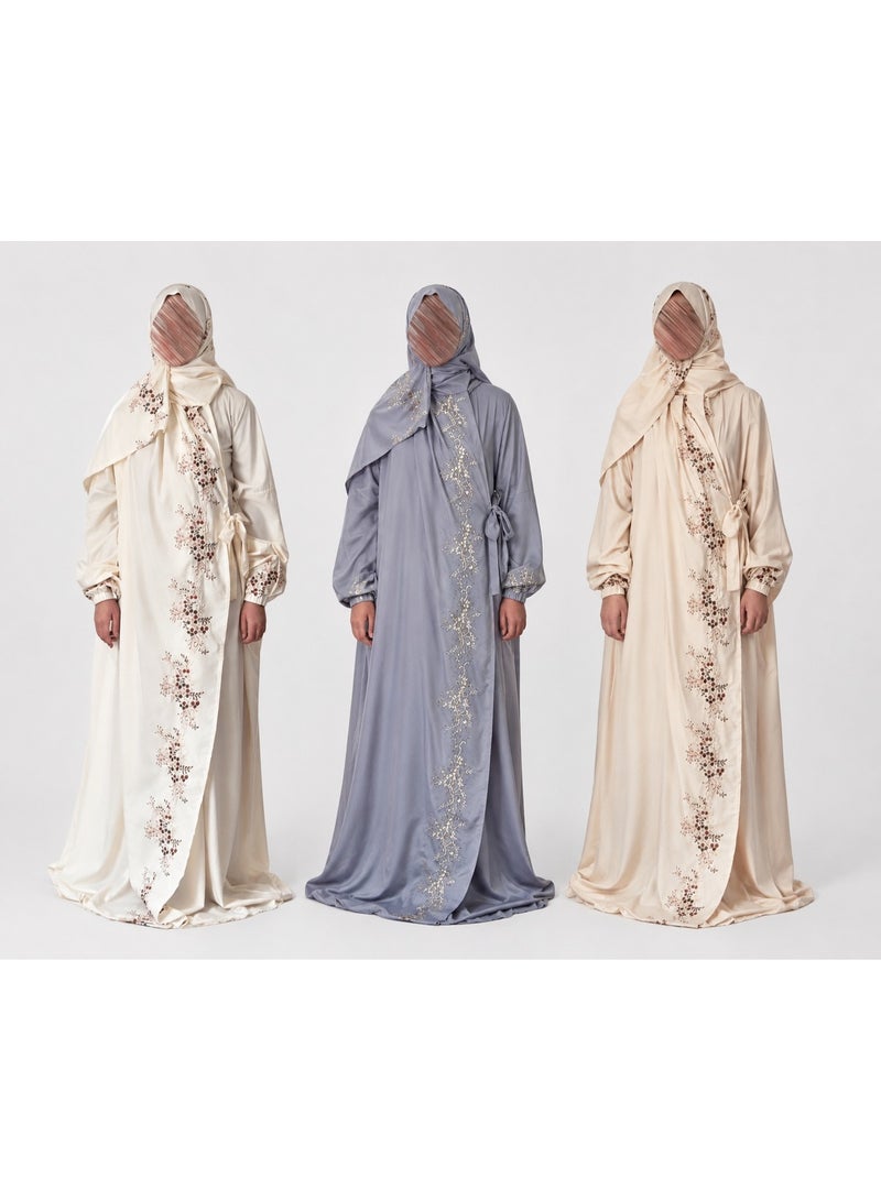 Set of 3 Embroidered Prayer Garments for Women – Three garments featuring elegant embroidery, soft and comfortable fabric, and high quality; available in various colors, suitable for daily use and gifting.