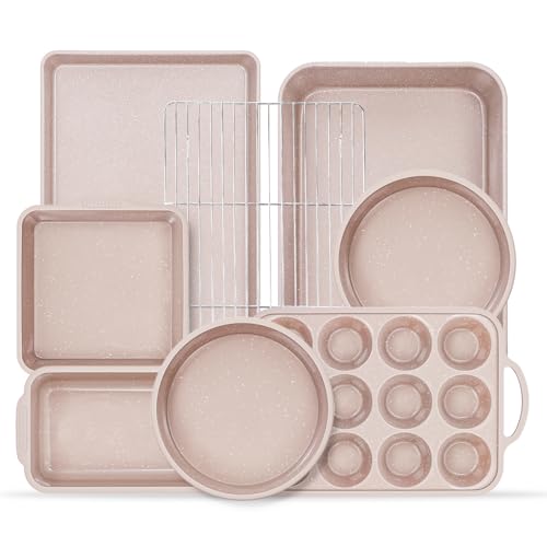 Vinino 8Piece Baking Pans Set Nonstick Bakeware Set includes Silicone Muffin Loaf Cake Pans with Metal Reinforced Frame and Carbon Steel Roasting Pan Cookie Sheet Cooling rack for Oven - Image 1