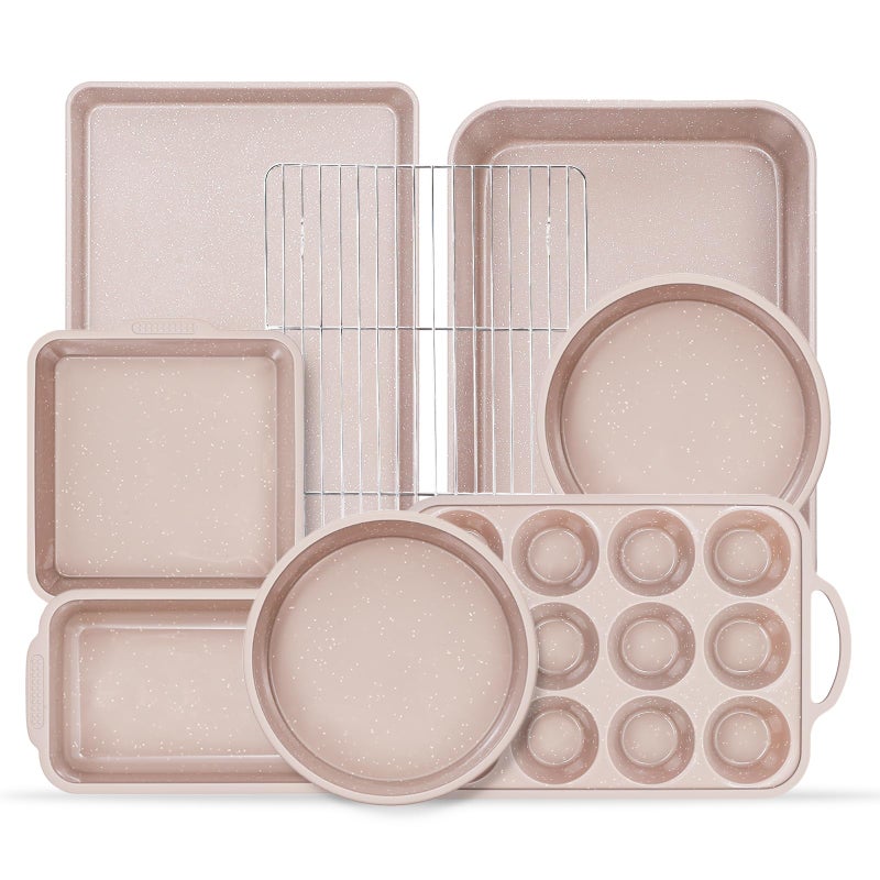 Vinino 8Piece Baking Pans Set Nonstick Bakeware Set includes Silicone Muffin Loaf Cake Pans with Metal Reinforced Frame and Carbon Steel Roasting Pan Cookie Sheet Cooling rack for Oven - Image 2