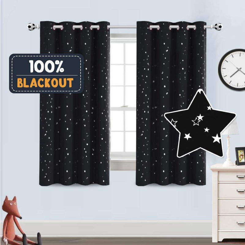 PrinceDeco Blackout Kids Curtains for Bedroom Thermal Insulated Silver Twinkle Star Curtains for Boys Antique Grommet Top Window Treatment 2 Panels Drapes for Nursery 52 W x 63 L BlackSilver
