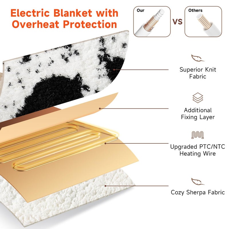 TiMiCalda Cow Print Electric Blanket - Soft Knitted Sherpa Heated Throw with 4 Heat Levels 4 Hours Auto-Off, Electric Throw with Overheating Protection, Warm Gifts, 50"x60" - Image 4
