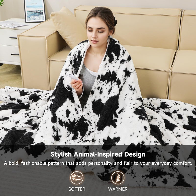 TiMiCalda Cow Print Electric Blanket - Soft Knitted Sherpa Heated Throw with 4 Heat Levels 4 Hours Auto-Off, Electric Throw with Overheating Protection, Warm Gifts, 50"x60" - Image 2