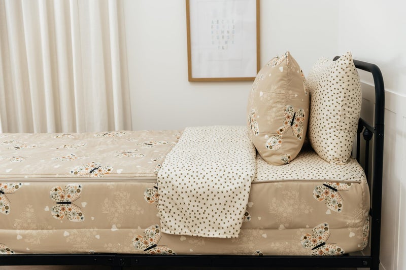 Beddy's Butterfly Themed Durable Zipper Bedding for Kids, Bed in a Bag, Beige Sheets & Comforter with Butterflies, Hearts & Floral Design, Includes Pillowcase & Pillow Sham, Easy to Make & Wash - Image 4