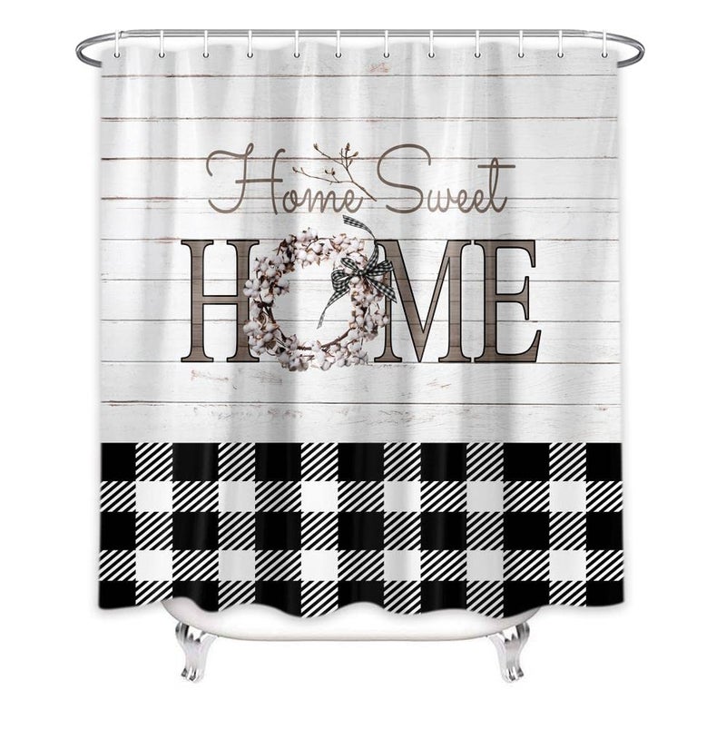 MERCHR Buffalo Check Plaid Shower Curtain 72 x 72 Inch Farmhouse Wooden Board Shower Curtain Rustic Flower Home Sweet Home Bath Curtain Polyester Waterproof Bathroom Decor 72 x 72 Inch with Hooks