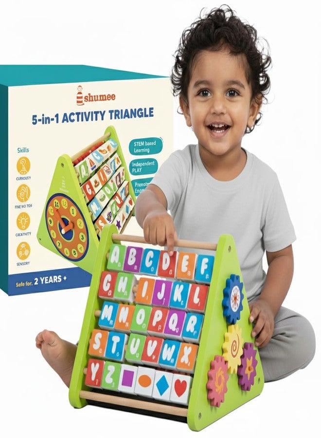 Shumee 5‑in‑1 Wooden STEM Activity Triangle for Kids | Learning Toy with Abacus, Alphabet, Numbers & Clock | Educational Montessori Toy | Gift for Toddlers | Abacus and Gear Cube | Toys for Babies - Image 1