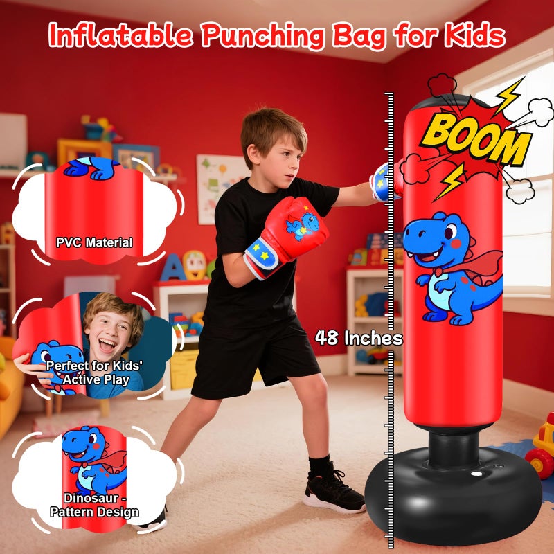 Qoosea Inflatable Punching Bag for Kids: Qoosea 48 Inches Kids Punching Bags with Boxing Gloves & Air,Pump Blue Dinosaur Design Gift for Toddler & Kid Ages 3-10,Easy to Inflate,Durable Safe Punch Bag - Image 2