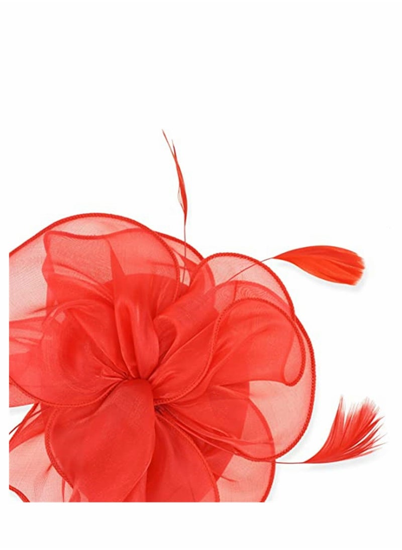 Generic - Stylish Red Fascinator Hat with Ribbons and Feathers Ideal for Tea Parties and Special Events Includes Headband and Hair Clip for Women and Girls - Image 1